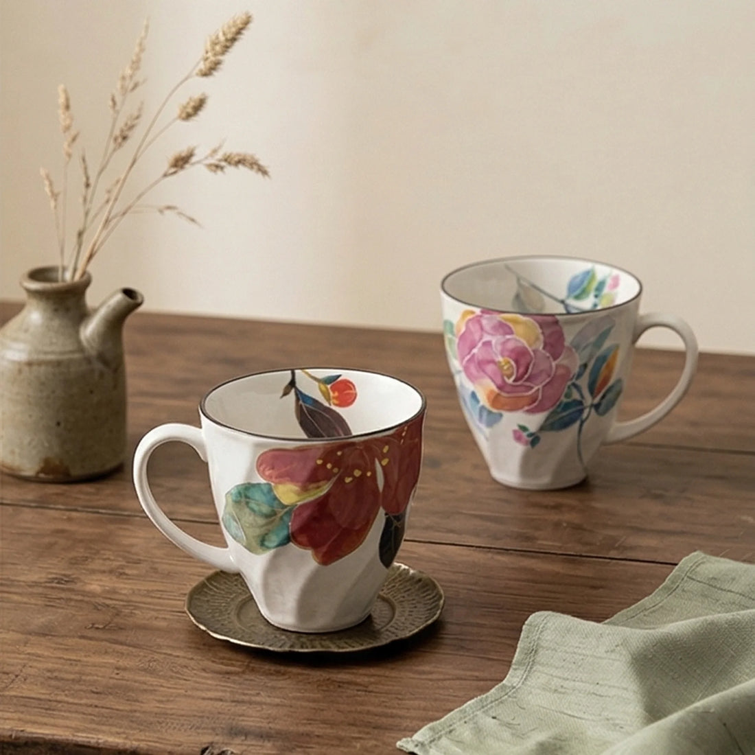 Artistic Floral Ceramic Mug - Underglaze Hand-Painted Style Mug with Unique Faceted Body — lifestyle dining table scene with natural props