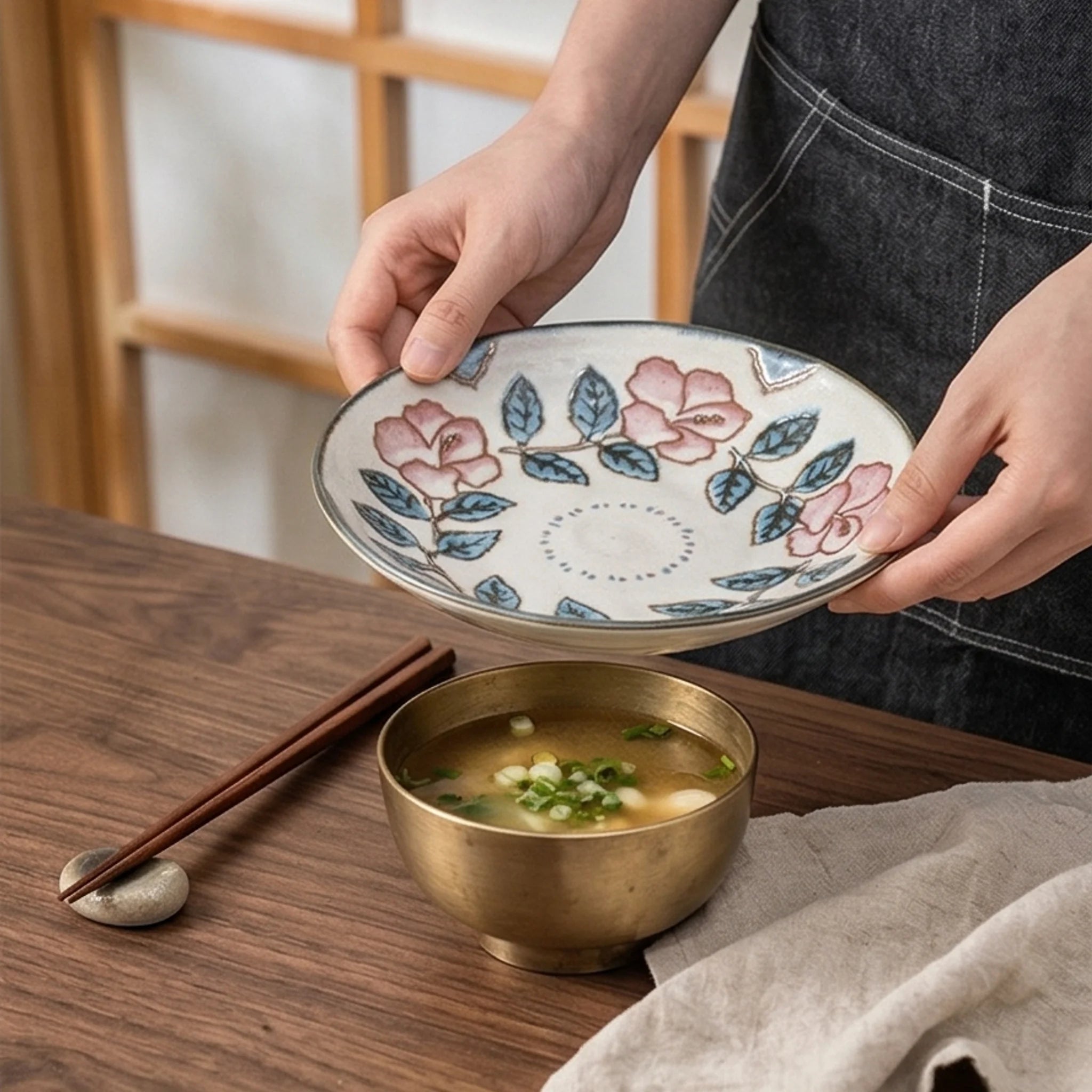 Japanese Style Handmade Ceramic Dinner Plates - Underglaze Painted Floral & Fish Designs — lifestyle dining table scene with natural props