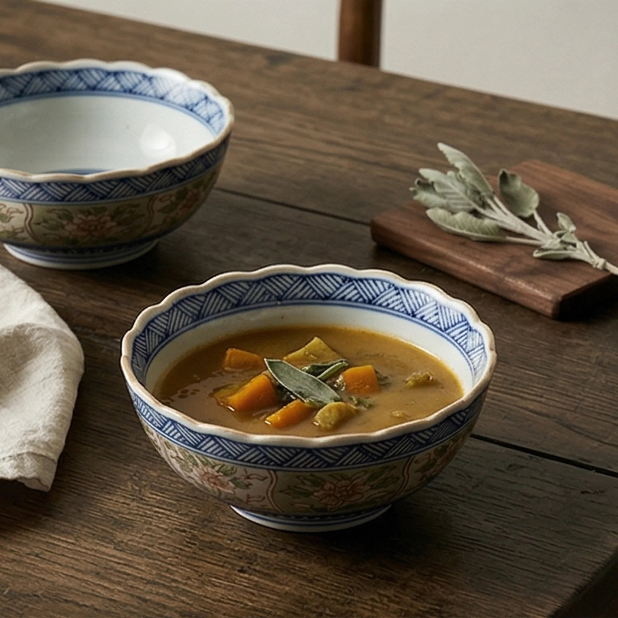 Authentic Japanese Imari Porcelain Rice Bowls Set (5 Pcs) - Scalloped Edge, Hand-Painted Floral — lifestyle dining table scene with natural props