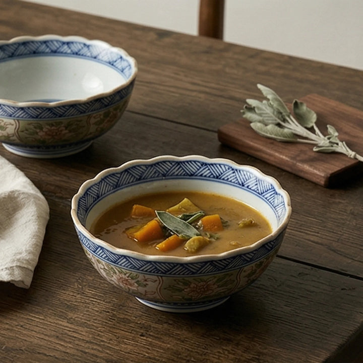 Authentic Japanese Imari Porcelain Rice Bowls Set (5 Pcs) - Scalloped Edge, Hand-Painted Floral — lifestyle dining table scene with natural props