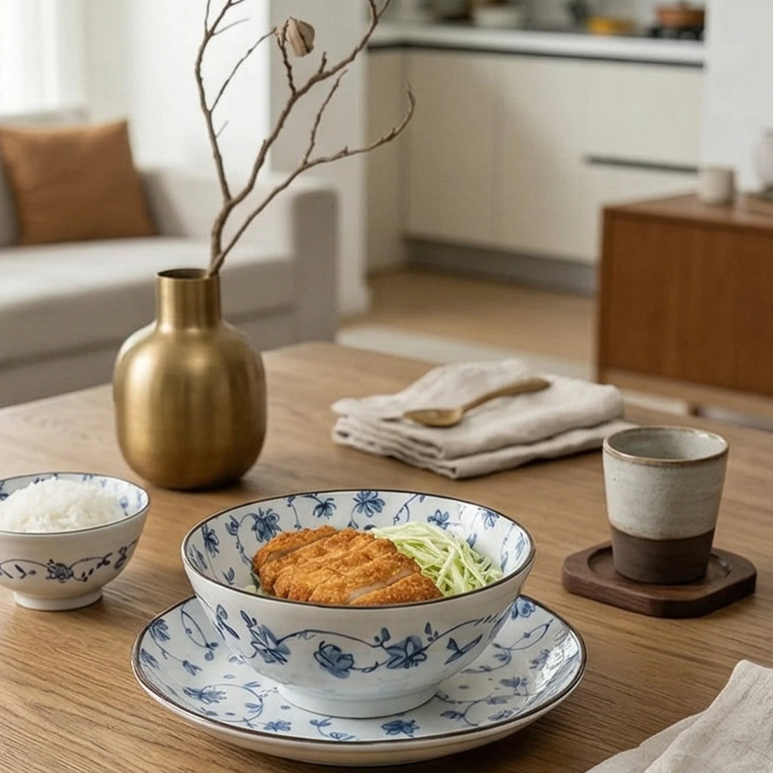 Japanese Style Blue & White Porcelain Dinnerware Set - Underglaze Tang Grass Pattern — lifestyle dining table scene with natural props