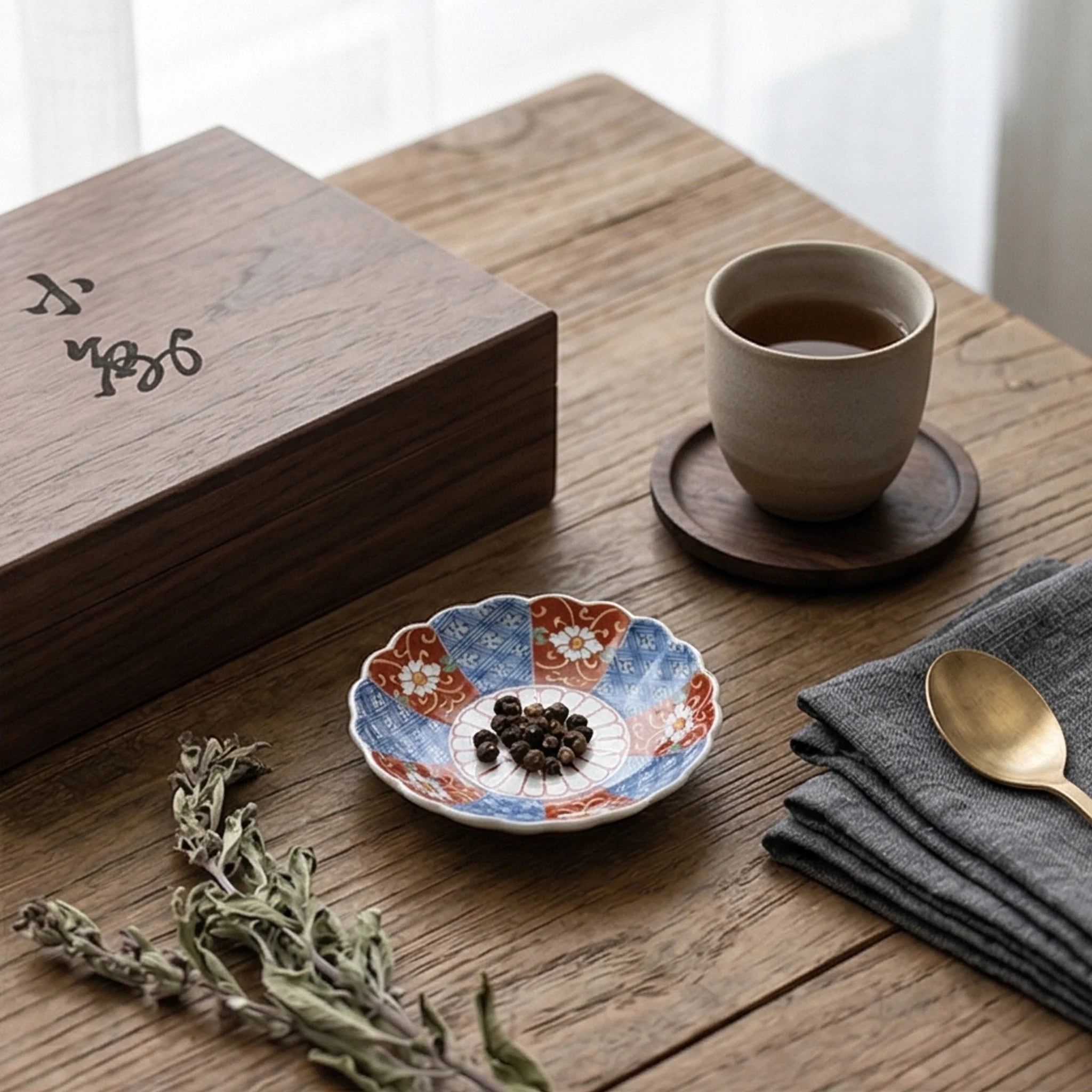 Japanese Arita Ware Ceramic Small Dish Set (6 Pcs) - Kiku Flower Patterned Saucer & Condiment Bowls in Wooden Gift Box — lifestyle dining table scene with natural props
