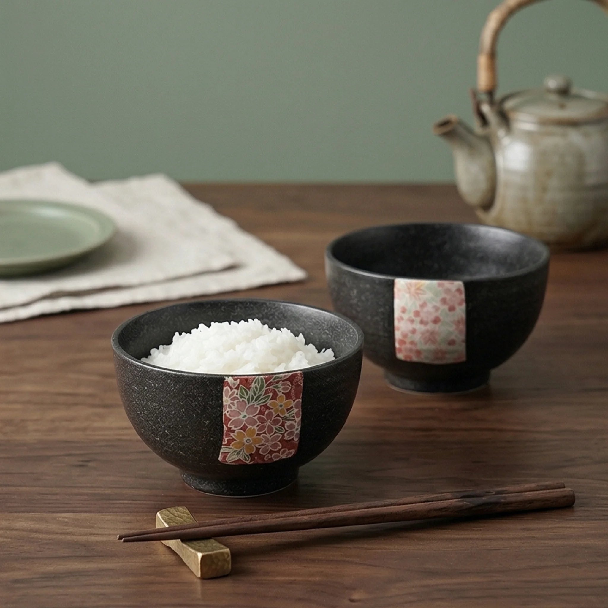 Japanese Style Jian Zhan Oil-Dripping Tenmoku Ceramic Rice Bowl with Washi Decal — lifestyle dining table scene with natural props