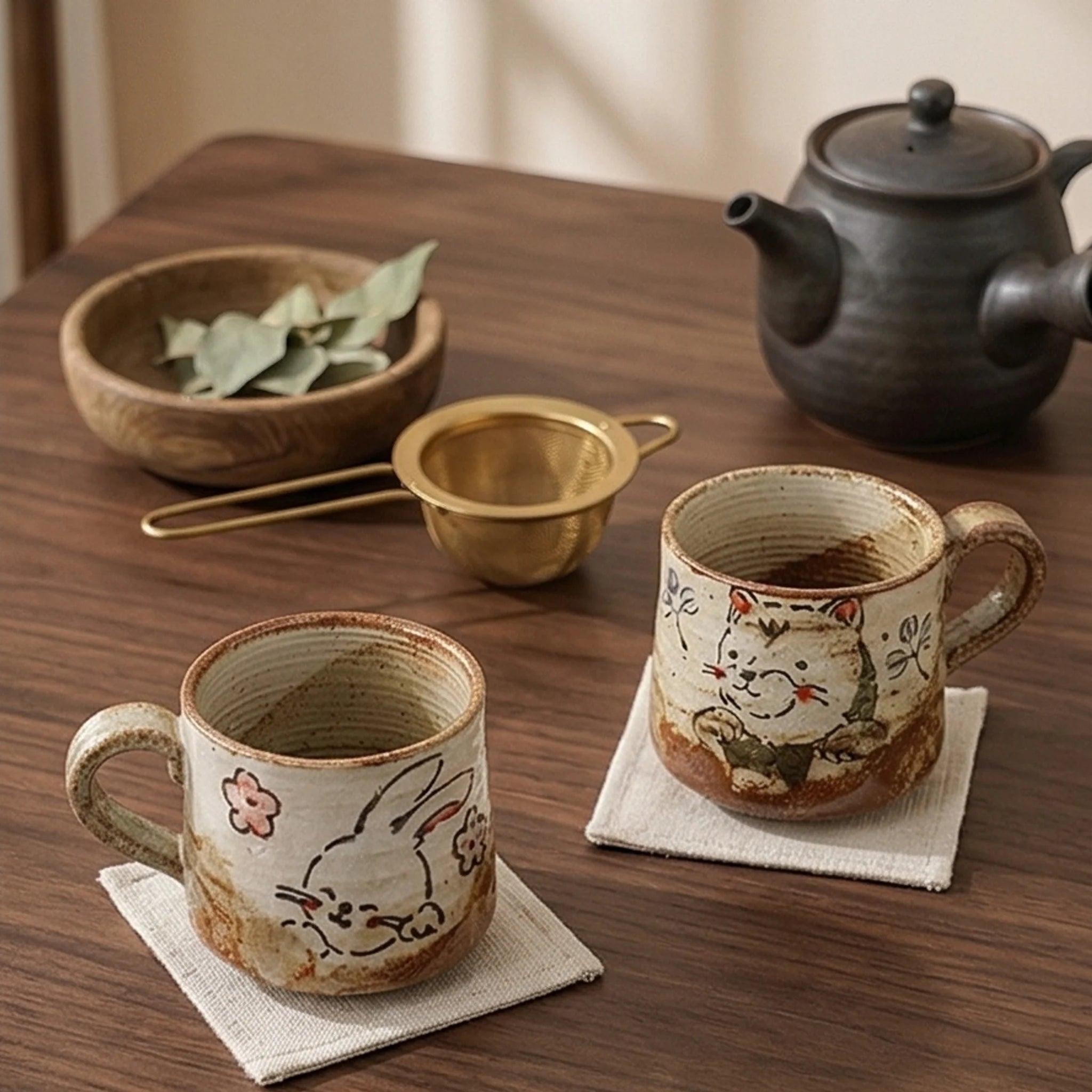 Hand-Painted Ceramic Animal Mugs - Rustic Japanese Style Coffee & Tea Cups — lifestyle dining table scene with natural props