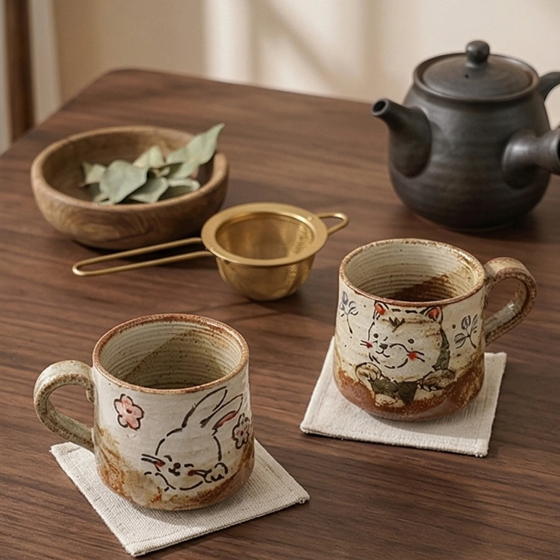 Hand-Painted Ceramic Animal Mugs - Rustic Japanese Style Coffee & Tea Cups — lifestyle dining table scene with natural props