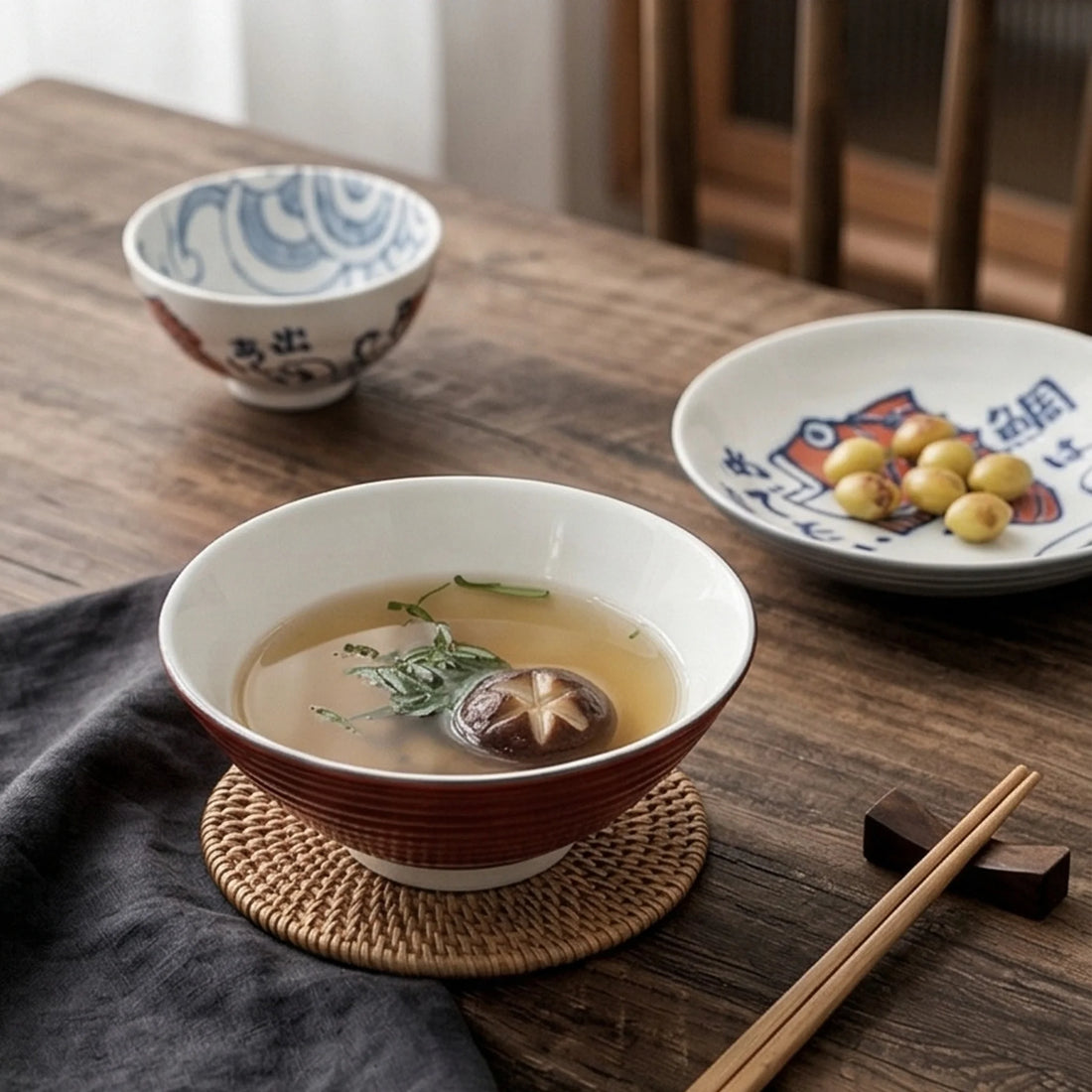 Japanese Style Ceramic Dinnerware Set - Red Fish & Wave Design Bowl and Plate Collection — lifestyle dining table scene with natural props