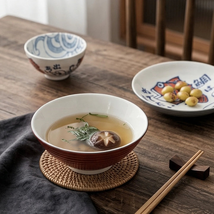 Japanese Style Ceramic Dinnerware Set - Red Fish & Wave Design Bowl and Plate Collection — lifestyle dining table scene with natural props