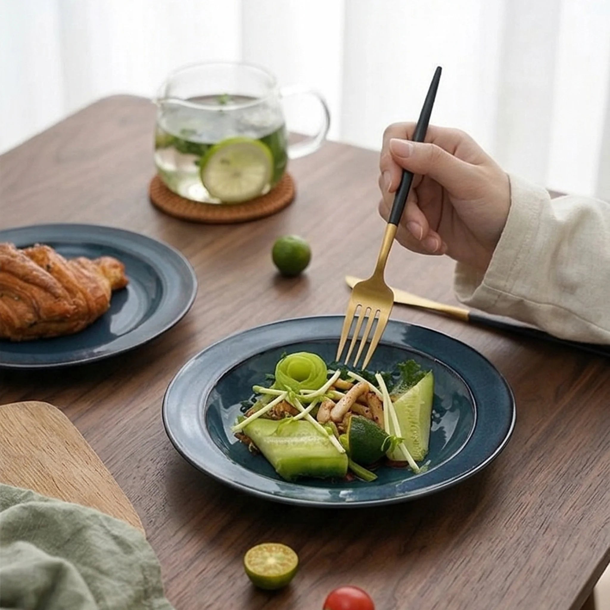 Japanese Style Deep Blue Ceramic Dinnerware Set - Underglaze Color Plates & Bowls — lifestyle dining table scene with natural props