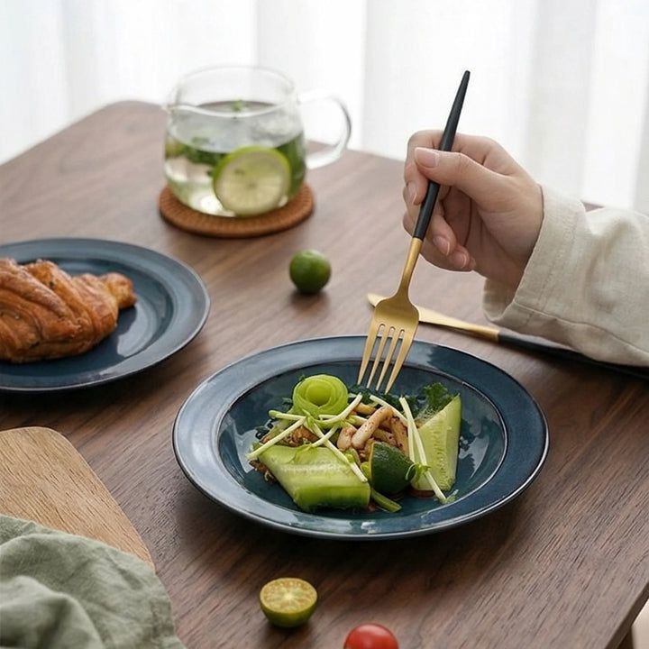 Japanese Style Deep Blue Ceramic Dinnerware Set - Underglaze Color Plates & Bowls — lifestyle dining table scene with natural props