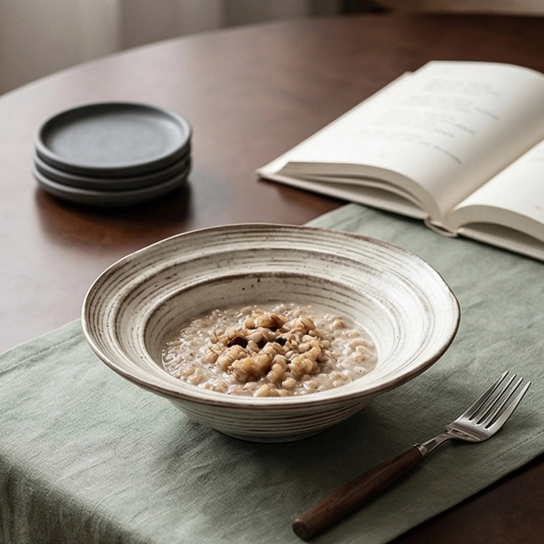 Rustic Handmade Ceramic Bowl with Spiral Texture - Jingdezhen Pottery Dinnerware — lifestyle dining table scene with natural props