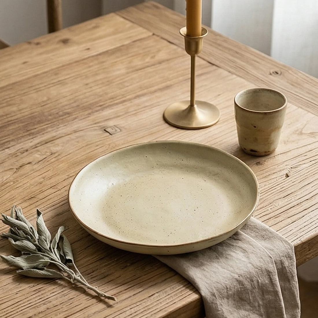Japanese Retro Rustic Ceramic Deep Plate - 9-Inch Speckled Beige Dinnerware — lifestyle dining table scene with natural props