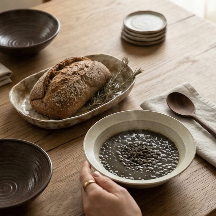 Artisan Handmade Ceramic Dinnerware Set - Rustic Pottery Bowls and Plates with Glaze — lifestyle dining table scene with natural props