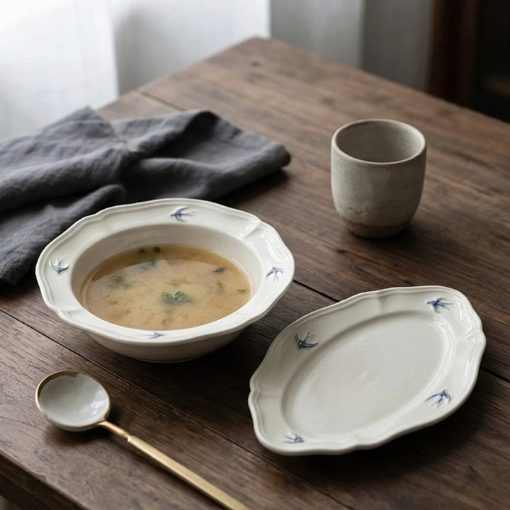 Vintage Ceramic Tableware Set with Blue Swallow Design - Dishware Collection — lifestyle dining table scene with natural props