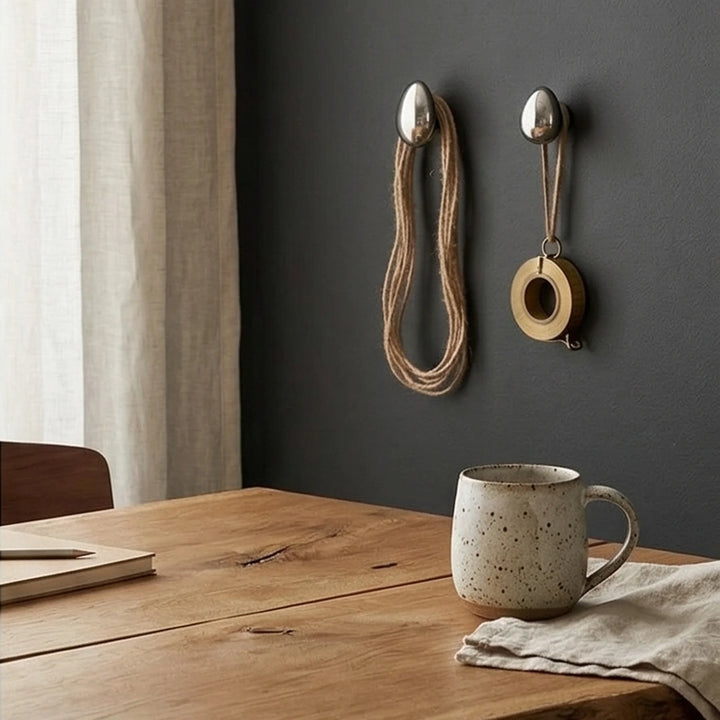 MINILUXE Modern Silver Water Drop Wall Hooks - Ceramic Electroplated Coat Hangers — lifestyle dining table scene with natural props