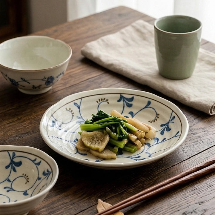 Japanese Style Jin Tang Cao Ceramic Dinnerware Set - Underglaze Blue Pattern — lifestyle dining table scene with natural props