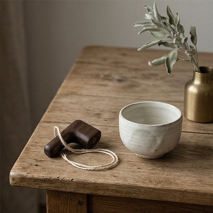 Solid Wood Wall Hook for Coats and Curtain Straps — lifestyle dining table scene with natural props
