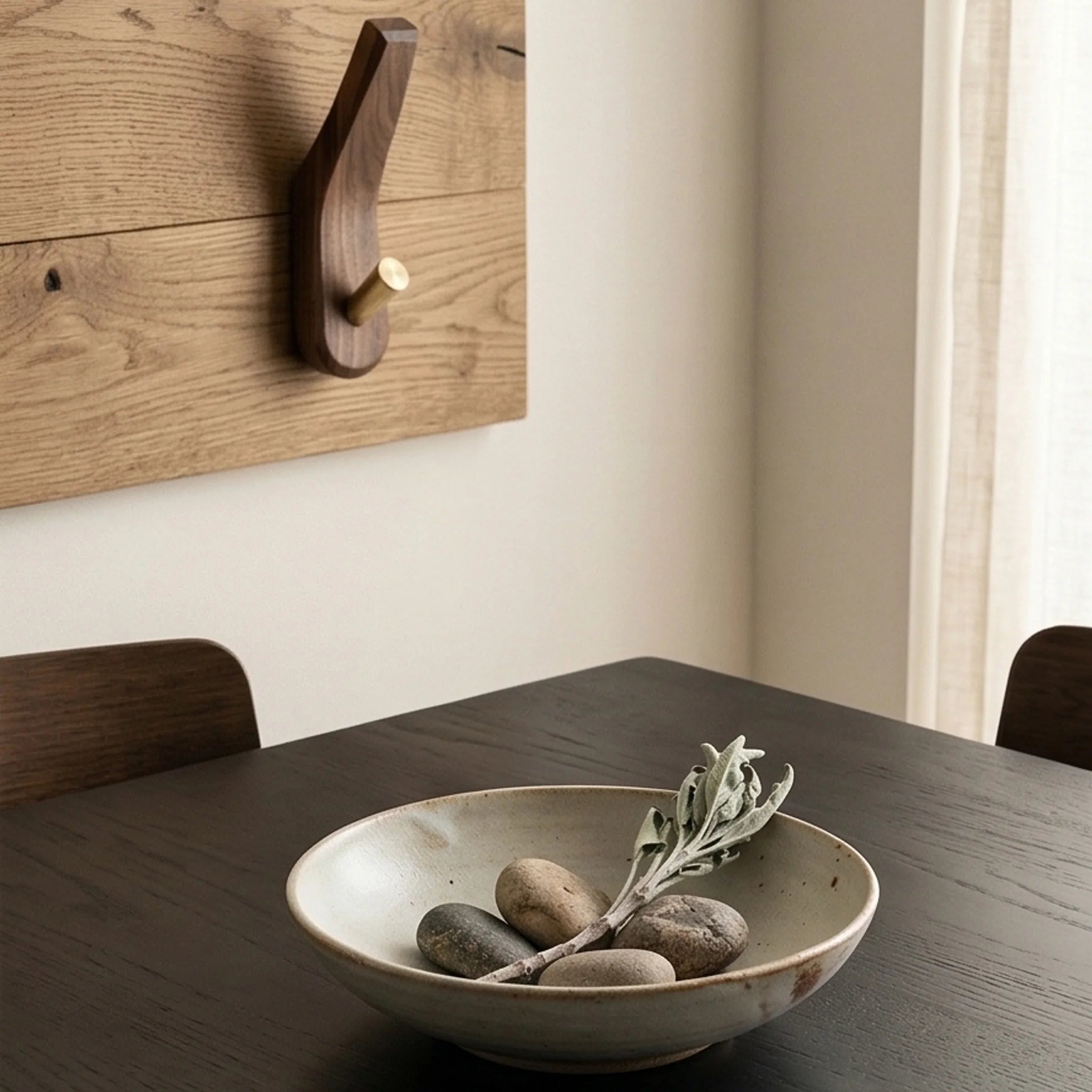 Solid Wood Wall Hook with Brass Peg for Coats and Keys — lifestyle dining table scene with natural props