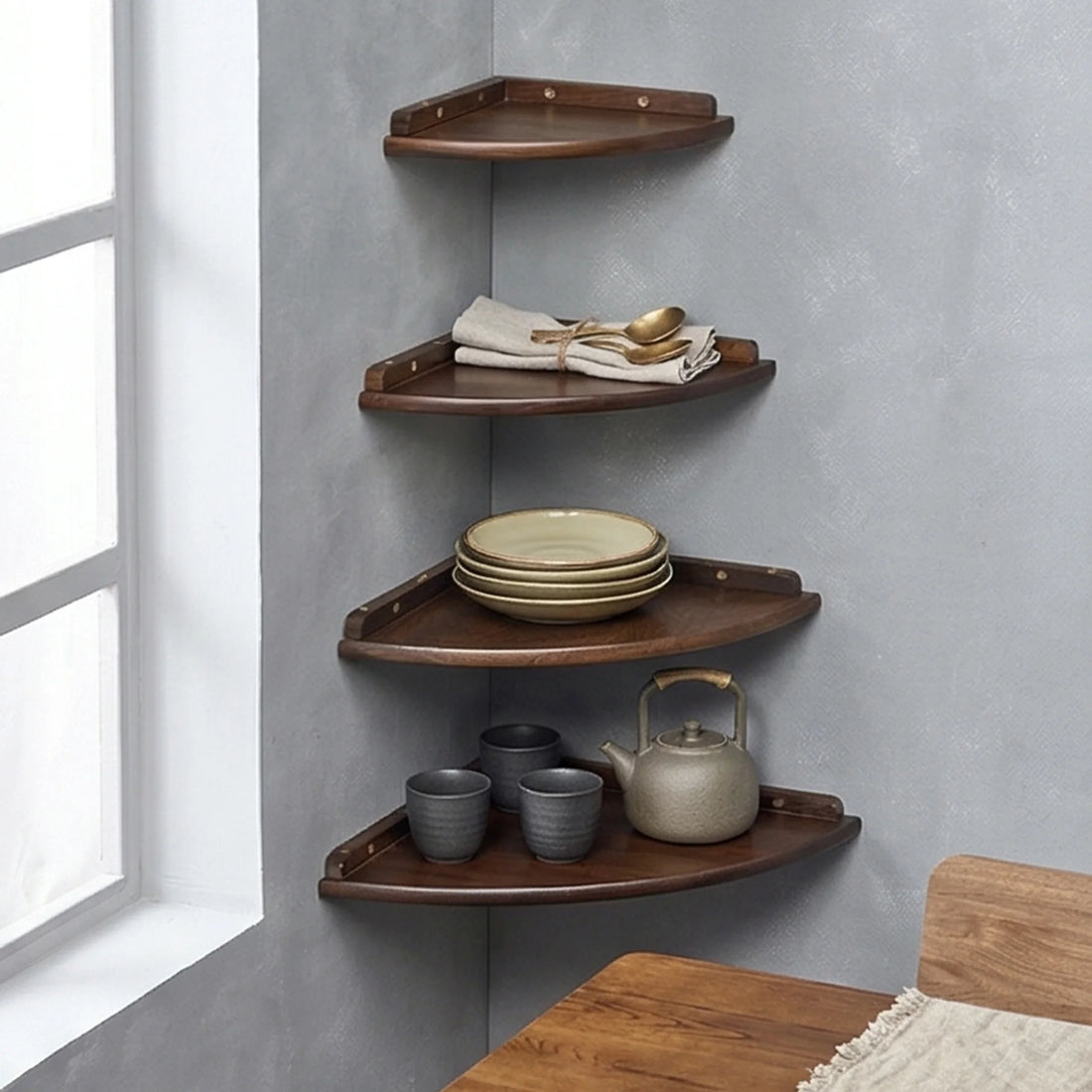 Solid Wood Corner Wall Shelf for Kitchen, Living Room, and Study — lifestyle dining table scene with natural props