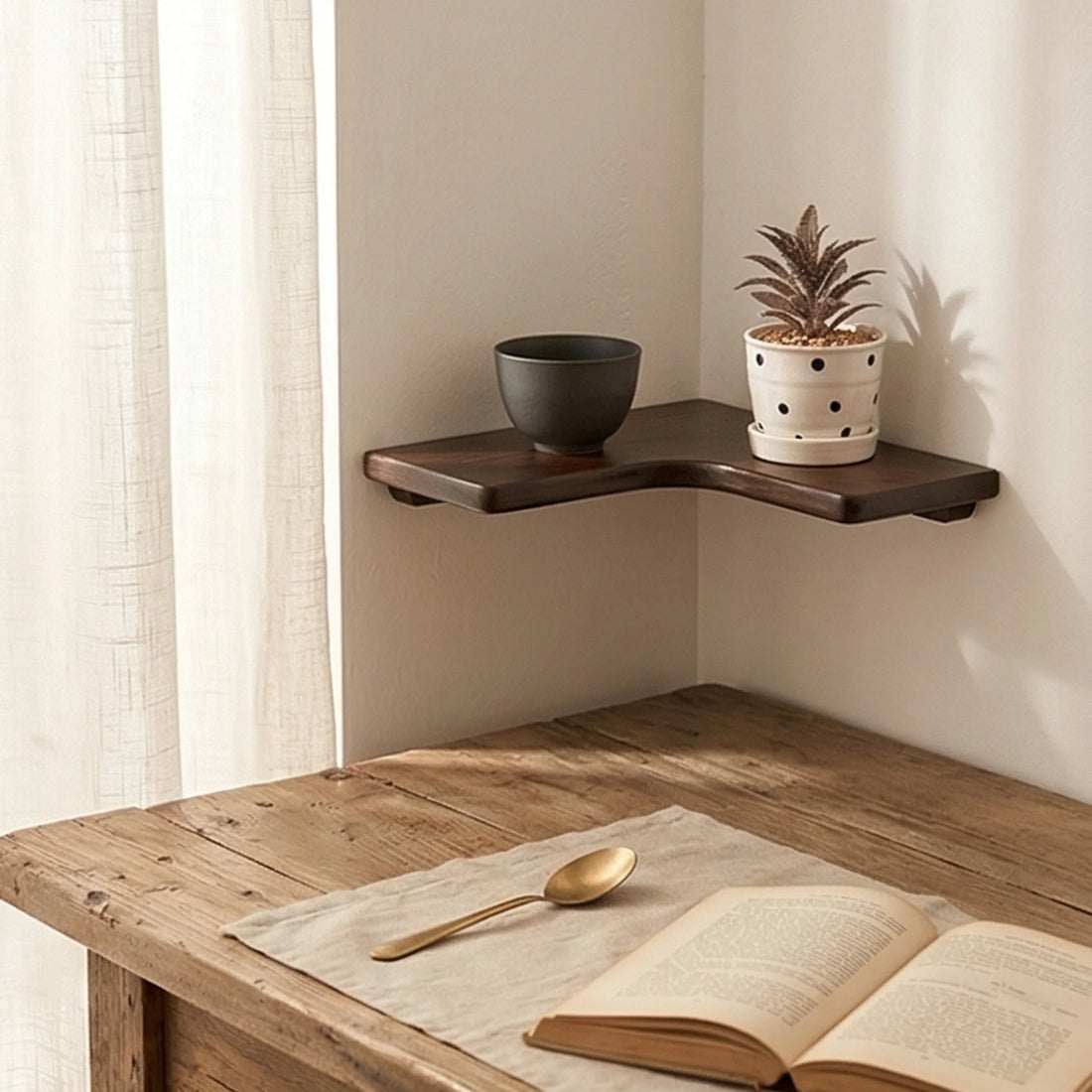 Solid Wood Corner Shelf L-Shaped Rotatable Wall Mounted Storage Rack — lifestyle dining table scene with natural props