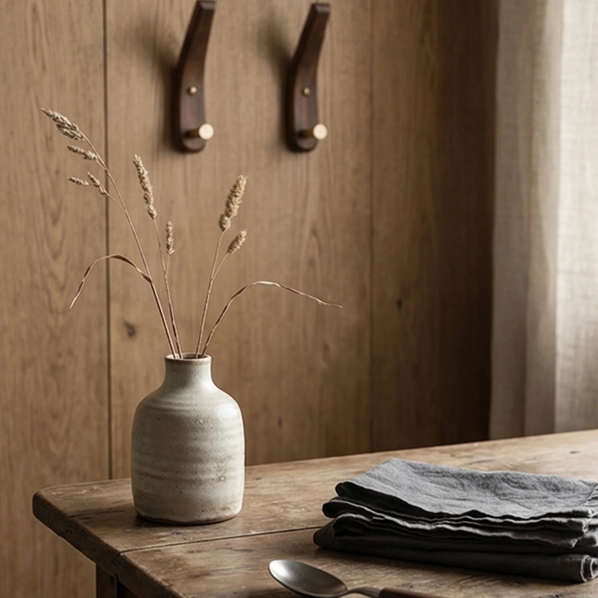 Solid Wood Moon-Shaped Wall Hook with Brass Fittings for Coat and Keys — lifestyle dining table scene with natural props