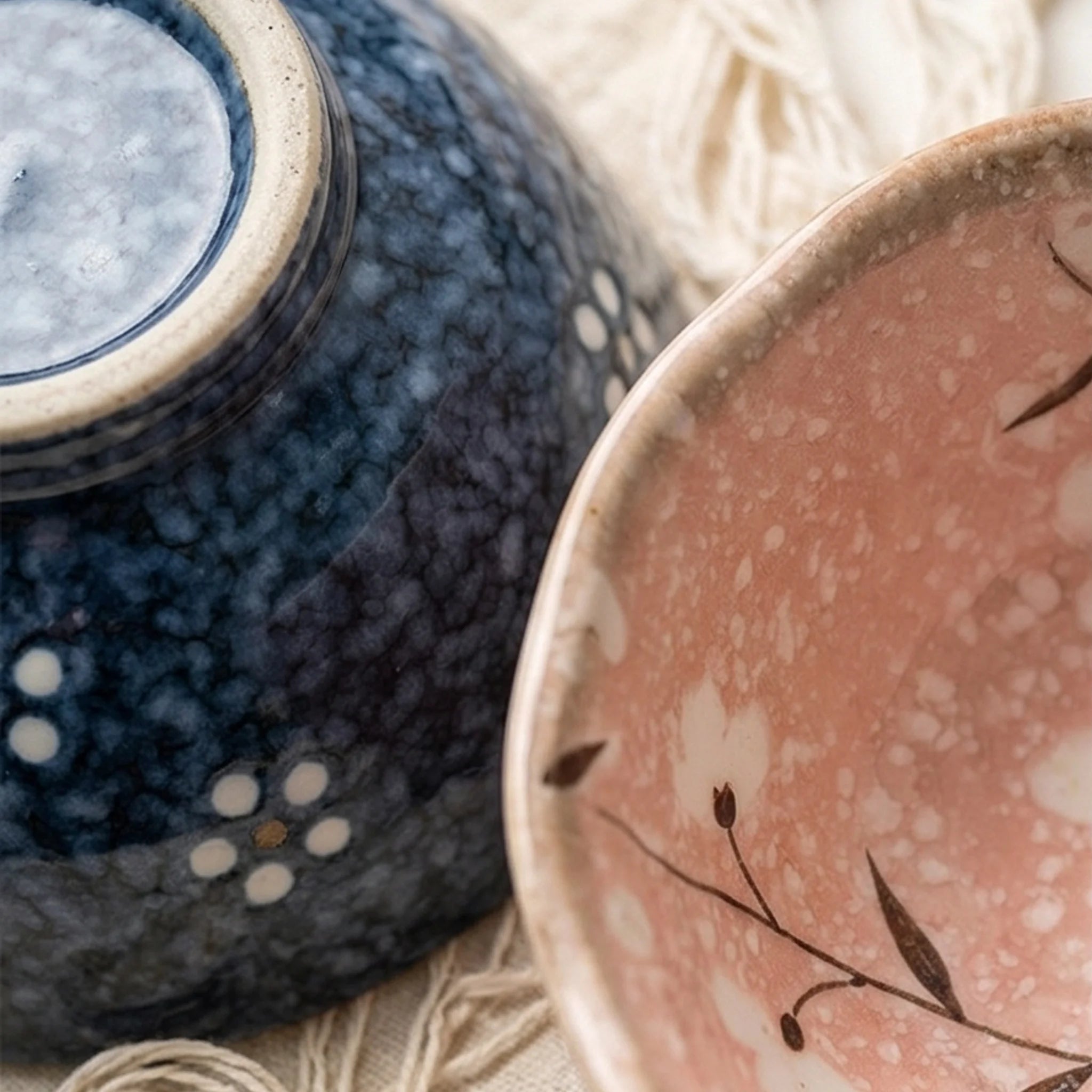 Japanese Style Ceramic Rice Bowls Set - Hand-Painted Floral & Wave Patterns — macro close-up of ceramic glaze texture and finish