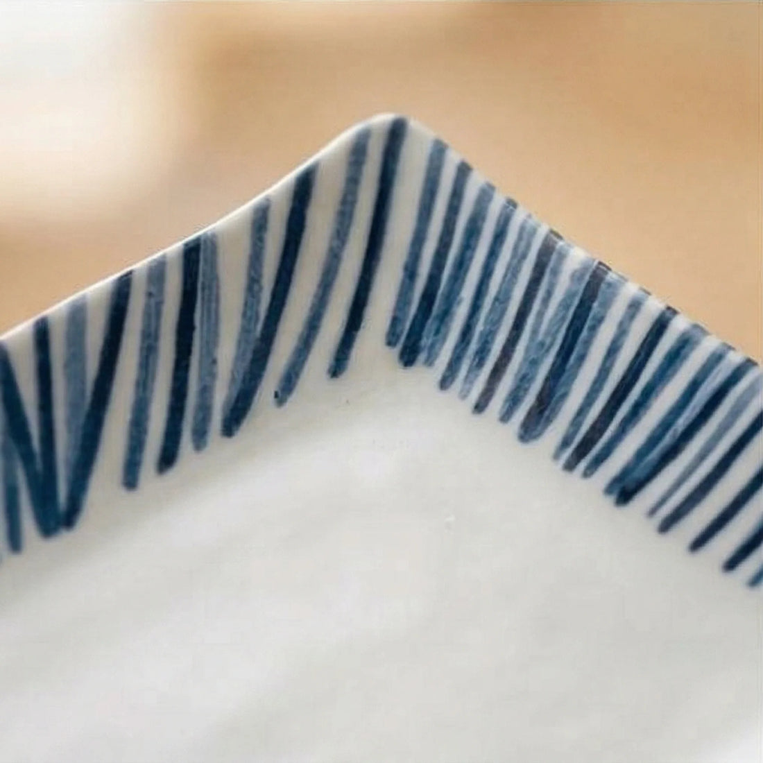 Japanese Style Blue & White Striped Ceramic Dish Set - Rectangular Serving Plates & Saucer — macro close-up of ceramic glaze texture and finish