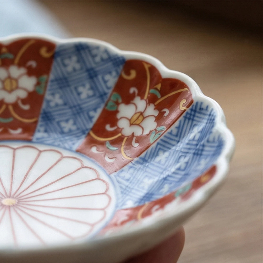 Japanese Arita Ware Ceramic Small Dish Set (6 Pcs) - Kiku Flower Patterned Saucer & Condiment Bowls in Wooden Gift Box — macro close-up of ceramic glaze texture and finish