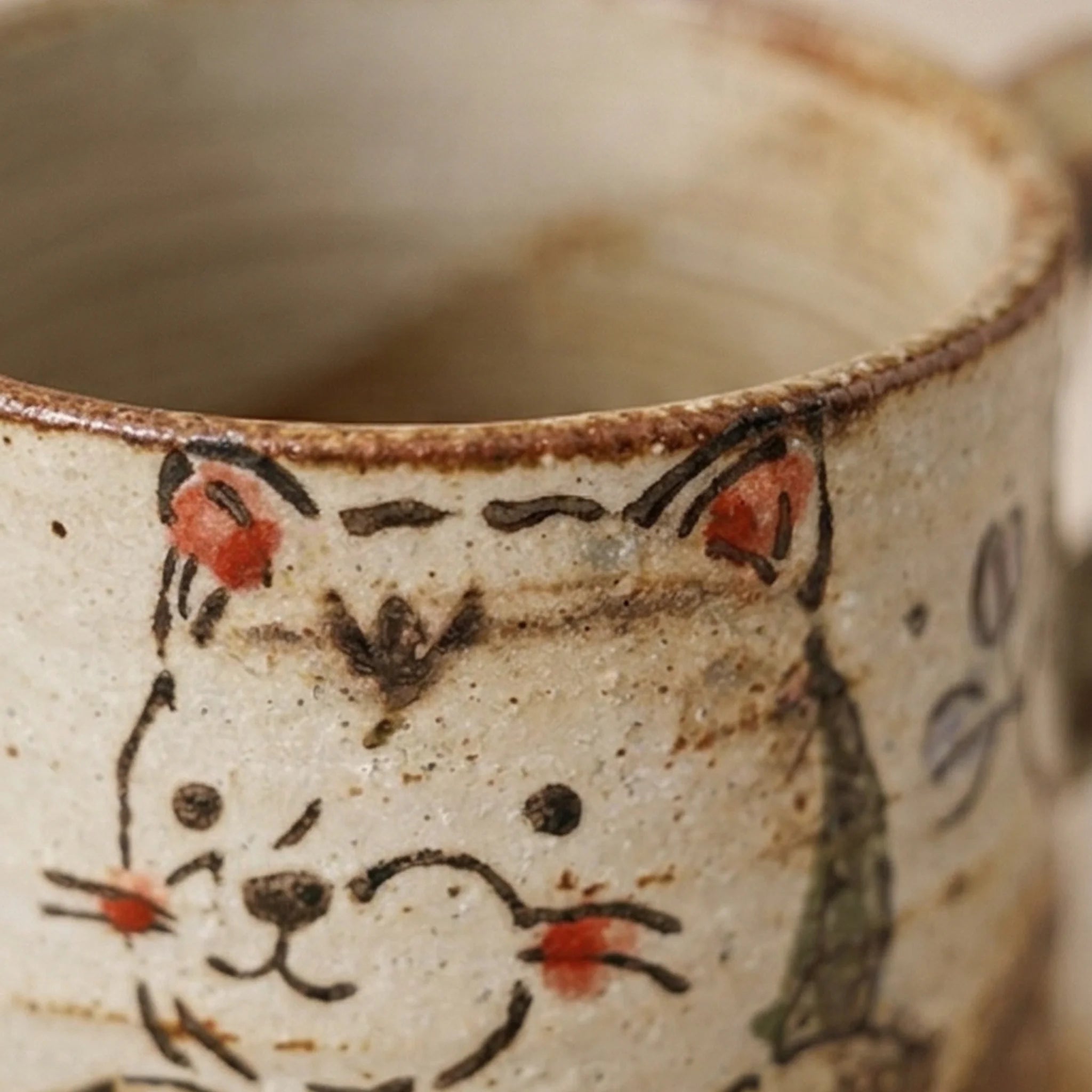 Hand-Painted Ceramic Animal Mugs - Rustic Japanese Style Coffee & Tea Cups — macro close-up of ceramic glaze texture and finish