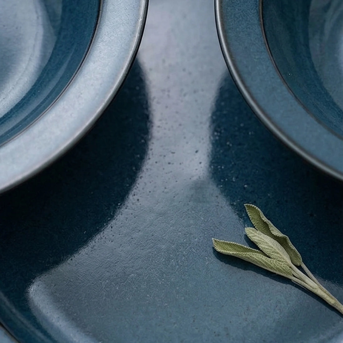 Japanese Style Deep Blue Ceramic Dinnerware Set - Underglaze Color Plates & Bowls — macro close-up of ceramic glaze texture and finish