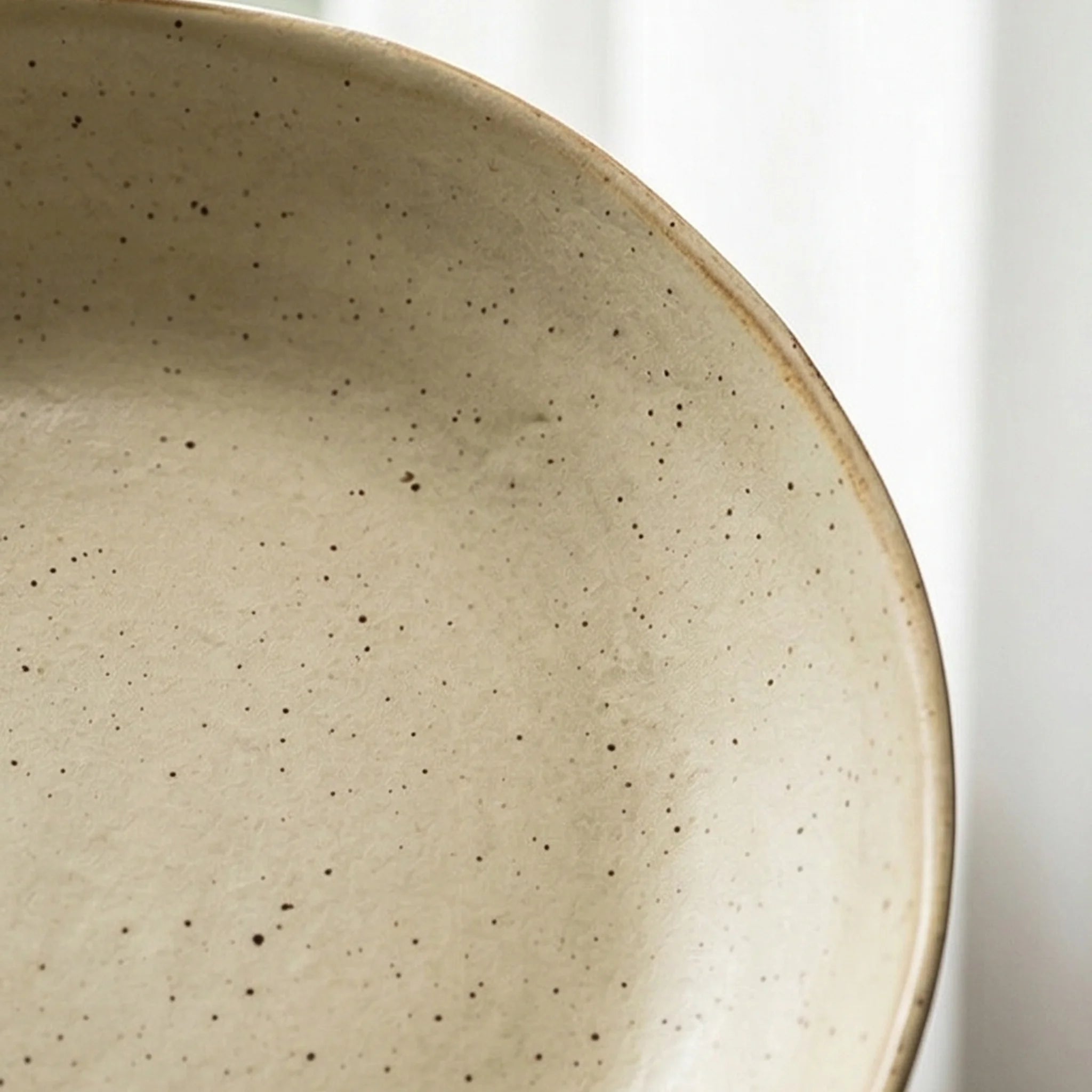 Japanese Retro Rustic Ceramic Deep Plate - 9-Inch Speckled Beige Dinnerware — macro close-up of ceramic glaze texture and finish