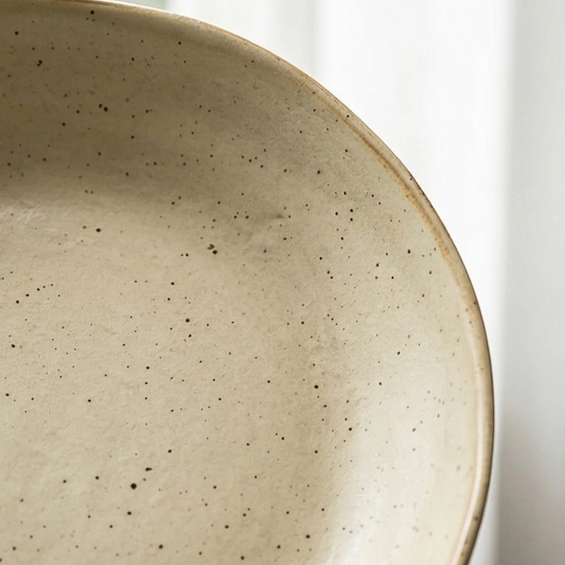 Japanese Retro Rustic Ceramic Deep Plate - 9-Inch Speckled Beige Dinnerware — macro close-up of ceramic glaze texture and finish