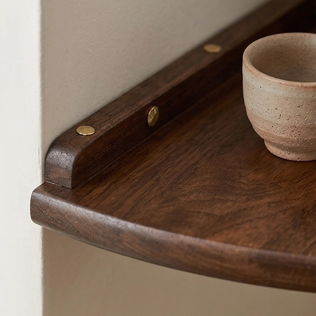 Solid Wood Corner Wall Shelf for Kitchen, Living Room, and Study — macro close-up of ceramic glaze texture and finish