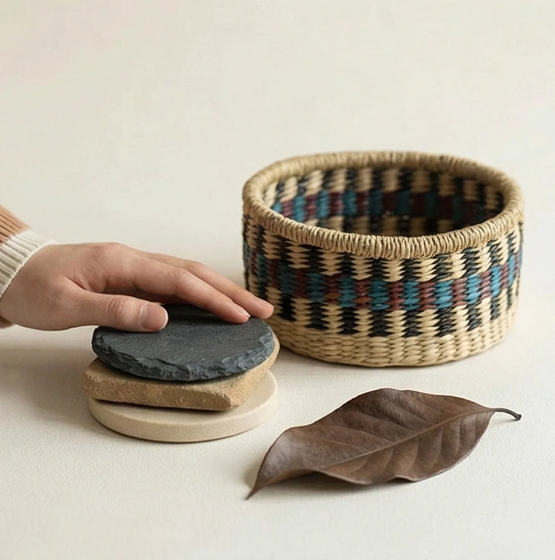 Hand-Woven Sea Grass Storage Baskets - Natural & Colorful — scale reference alongside natural prop