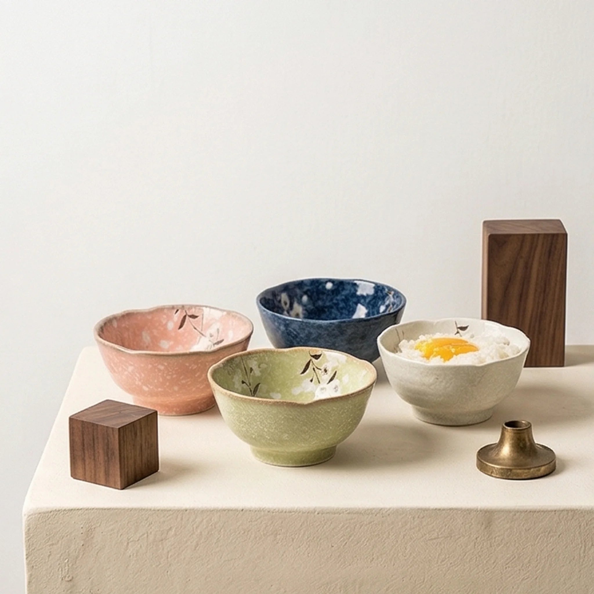 Japanese Style Ceramic Rice Bowls Set of 4 - Hand-Painted Floral & Wave Patterns — studio white background product shot