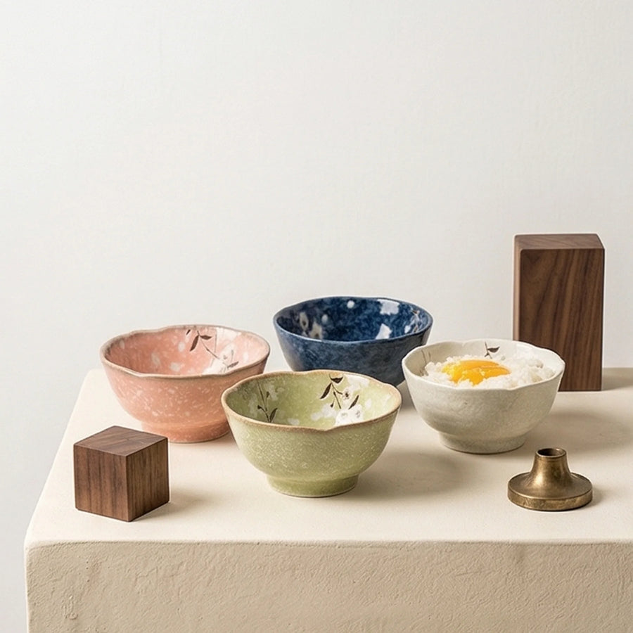Japanese Style Ceramic Rice Bowls Set of 4 - Hand-Painted Floral & Wave Patterns — studio white background product shot
