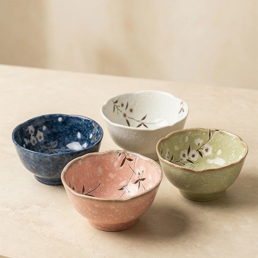 Japanese Style Ceramic Rice Bowls Set - Hand-Painted Floral & Wave Patterns — studio white background product shot