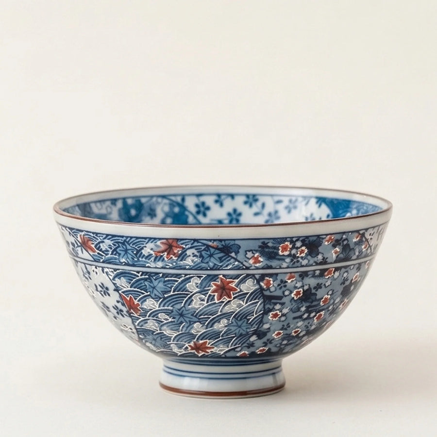 Japanese Style Ceramic Rice Bowl with Auspicious Flower & Wave Pattern - Blue & Red — studio white background product shot