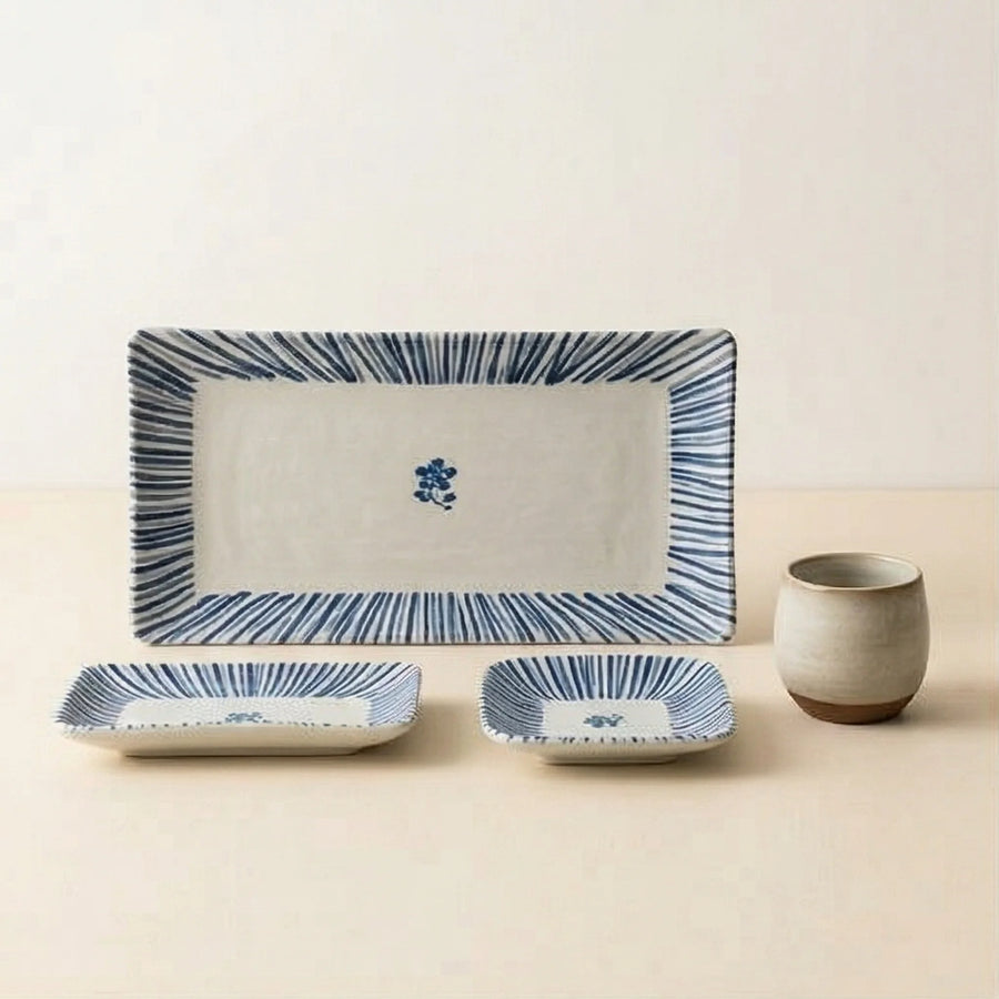 Japanese Style Blue & White Striped Ceramic Dish Set - Rectangular Serving Plates & Saucer — studio white background product shot