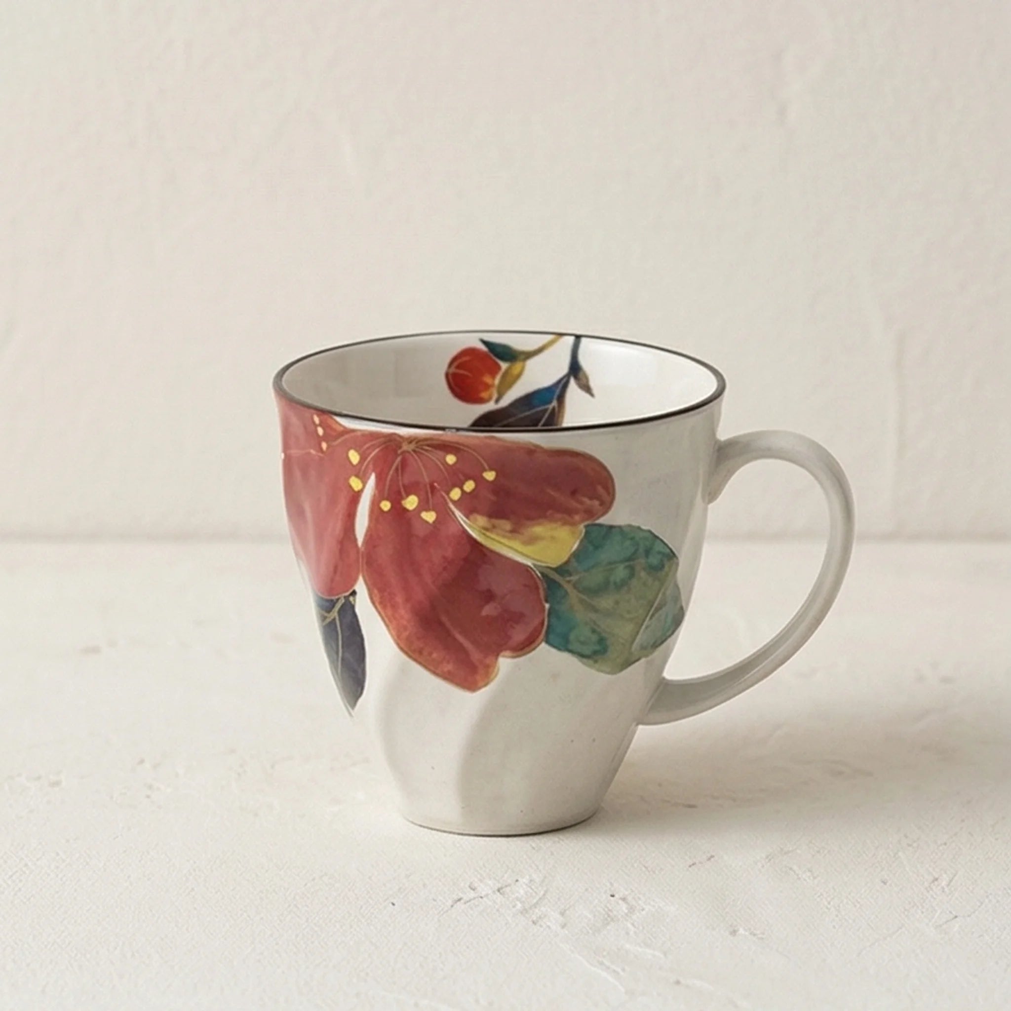 Artistic Floral Ceramic Mug - Underglaze Hand-Painted Style Mug with Unique Faceted Body — studio white background product shot