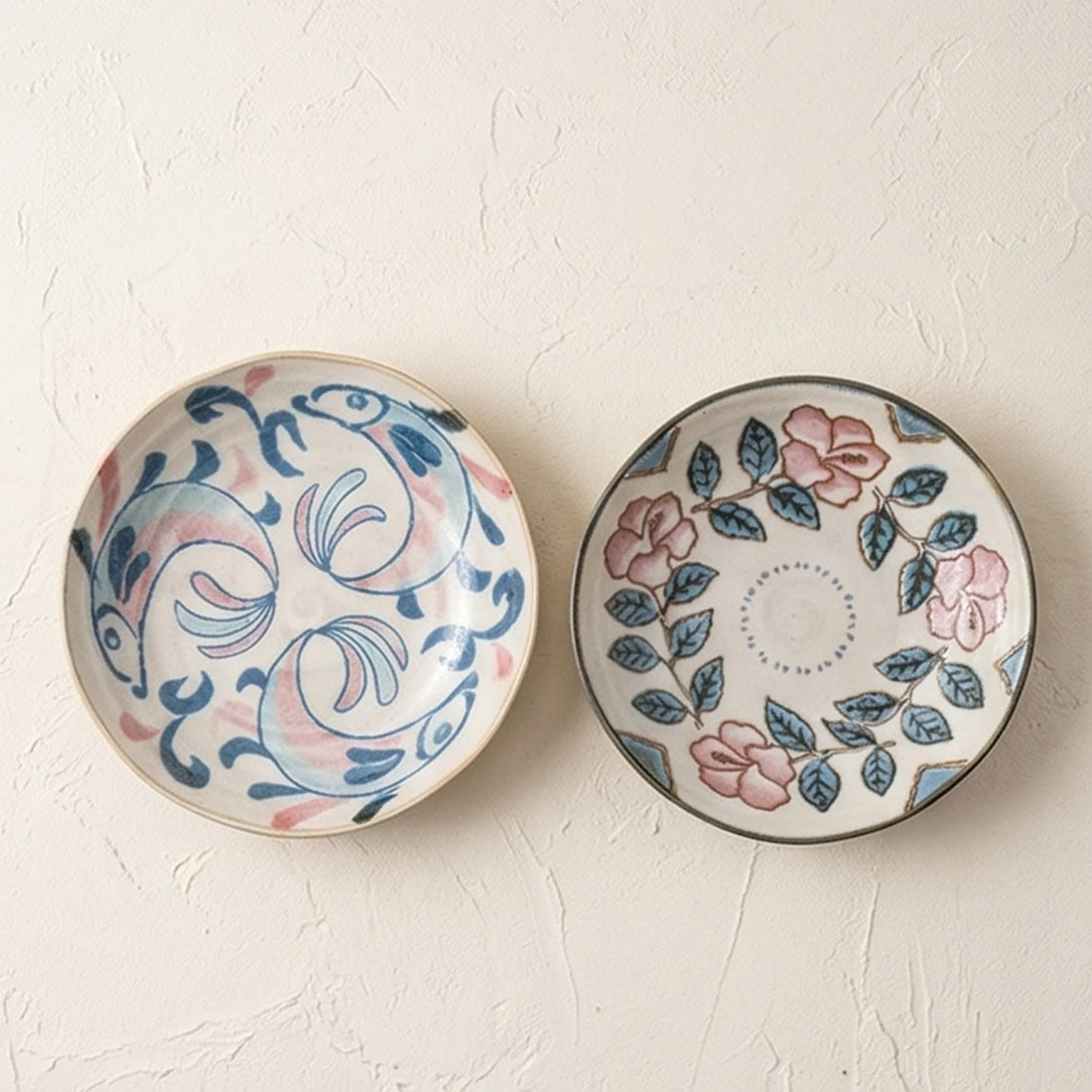 Japanese Style Handmade Ceramic Dinner Plates - Underglaze Painted Floral & Fish Designs — studio white background product shot