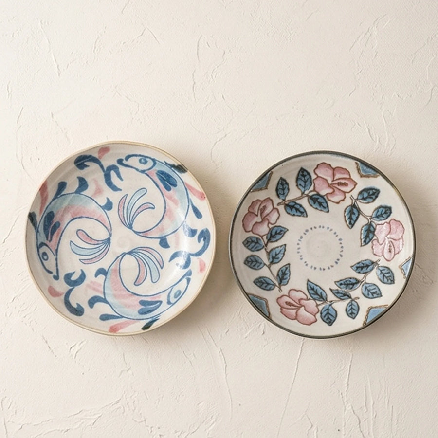 Japanese Style Handmade Ceramic Dinner Plates - Underglaze Painted Floral & Fish Designs — studio white background product shot