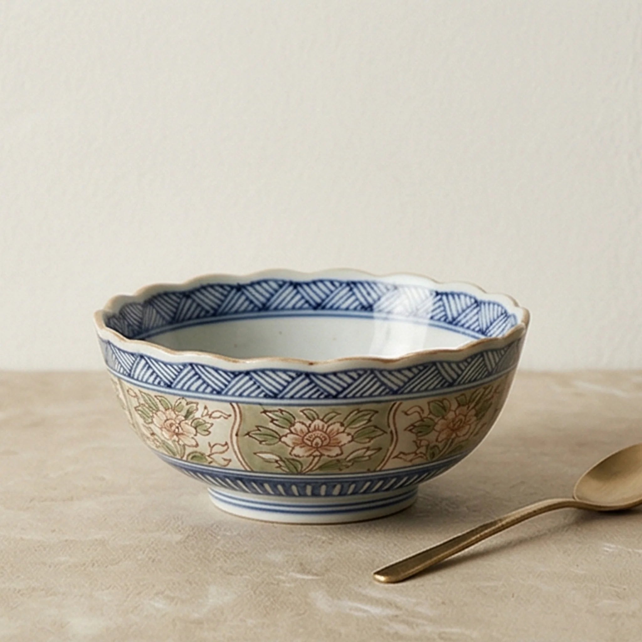 Authentic Japanese Imari Porcelain Rice Bowls Set (5 Pcs) - Scalloped Edge, Hand-Painted Floral — studio white background product shot