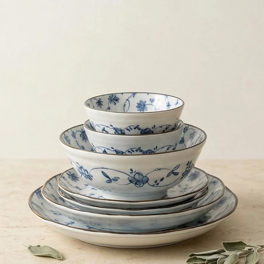 Japanese Style Blue & White Porcelain Dinnerware Set - Underglaze Tang Grass Pattern — studio white background product shot