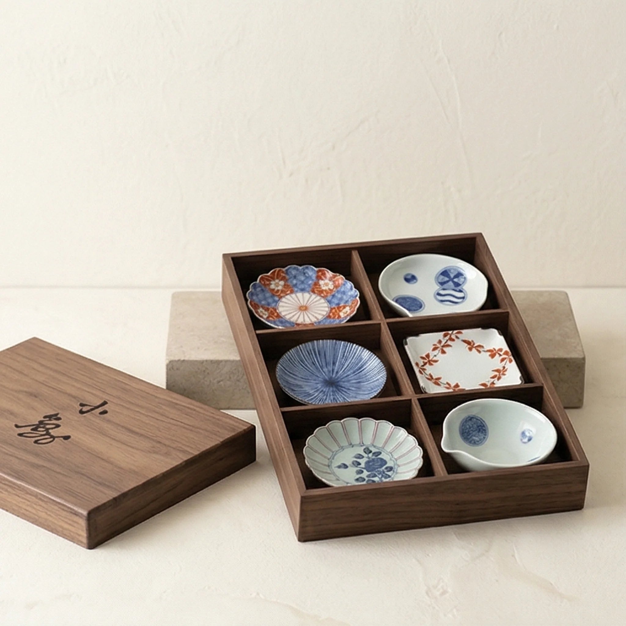 Japanese Arita Ware Ceramic Small Dish Set (6 Pcs) - Kiku Flower Patterned Saucer & Condiment Bowls in Wooden Gift Box — studio white background product shot