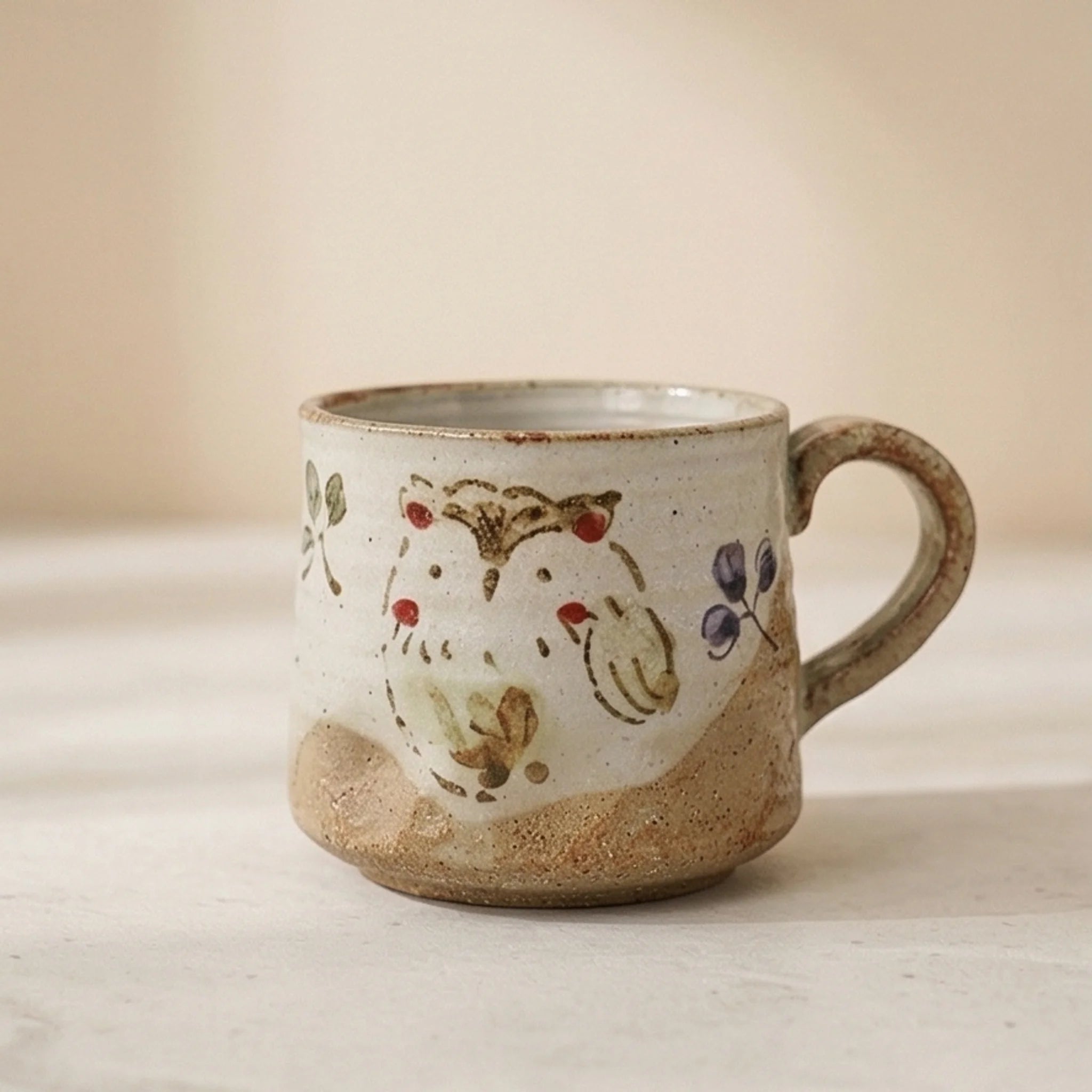 Hand-Painted Ceramic Animal Mugs - Rustic Japanese Style Coffee & Tea Cups — studio white background product shot