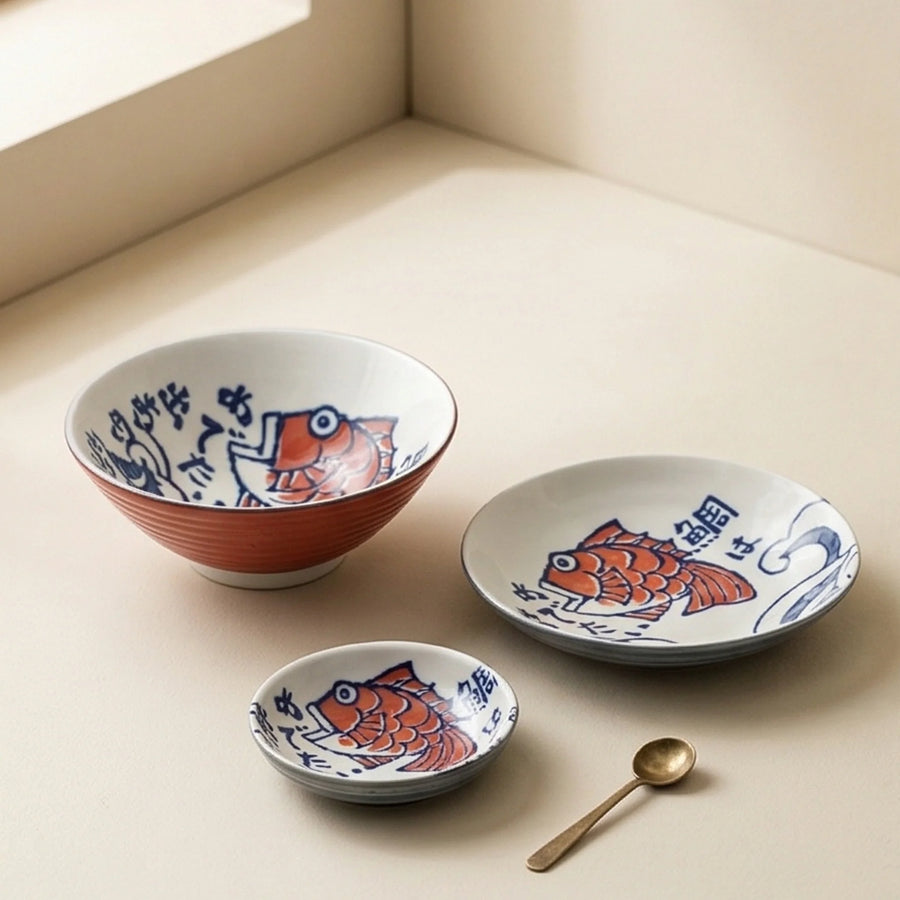 Japanese Style Ceramic Dinnerware Set - Red Fish & Wave Design Bowl and Plate Collection — studio white background product shot