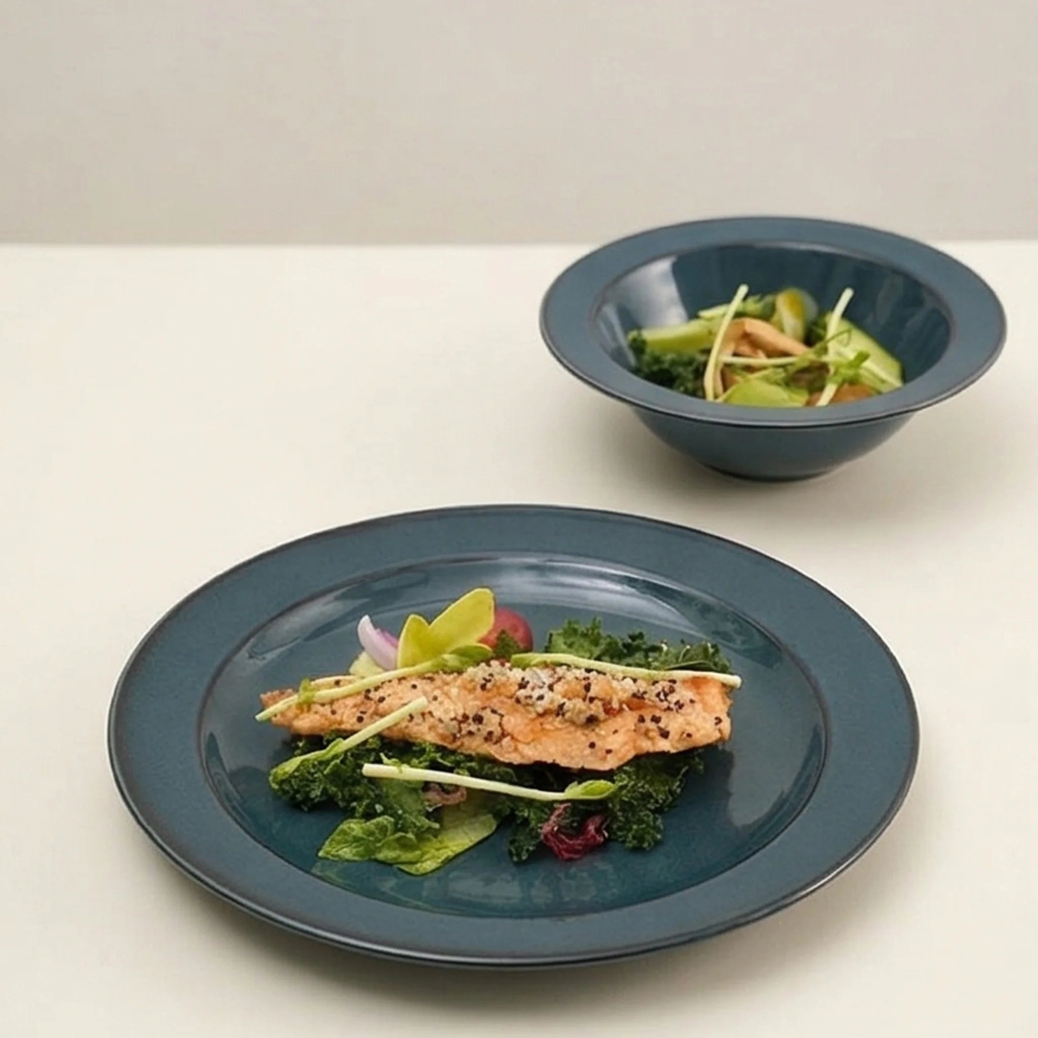 Japanese Style Deep Blue Ceramic Dinnerware Set - Underglaze Color Plates & Bowls — studio white background product shot