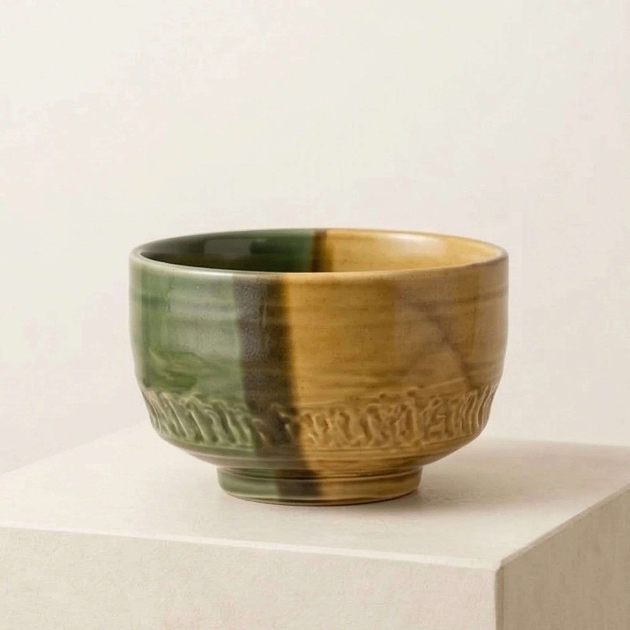 Artisan Japanese Ceramic Matcha Tea Bowl - Glazed Stoneware with Dynamic Glaze (Mei Yan Kiln Style) — studio white background product shot