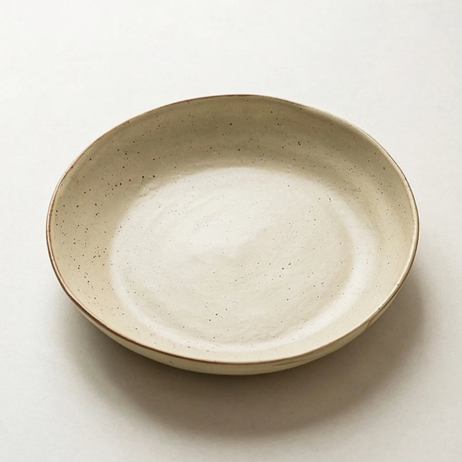Japanese Retro Rustic Ceramic Deep Plate - 9-Inch Speckled Beige Dinnerware — studio white background product shot