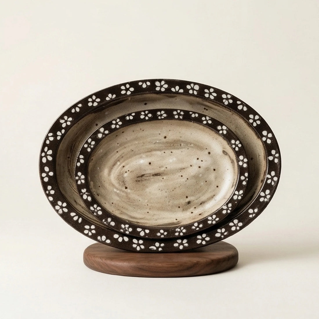 Rustic Handmade Ceramic Oval Serving Platter with White Flower Rim - Japanese Style Dinnerware — studio white background product shot